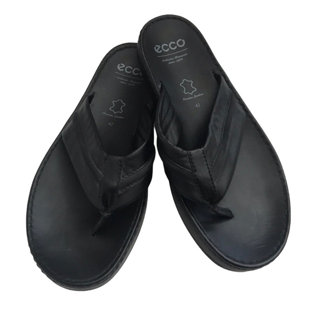 ECCO Black Leather‎ Sandal Mens Flip Flop Thong Beachwear Casual